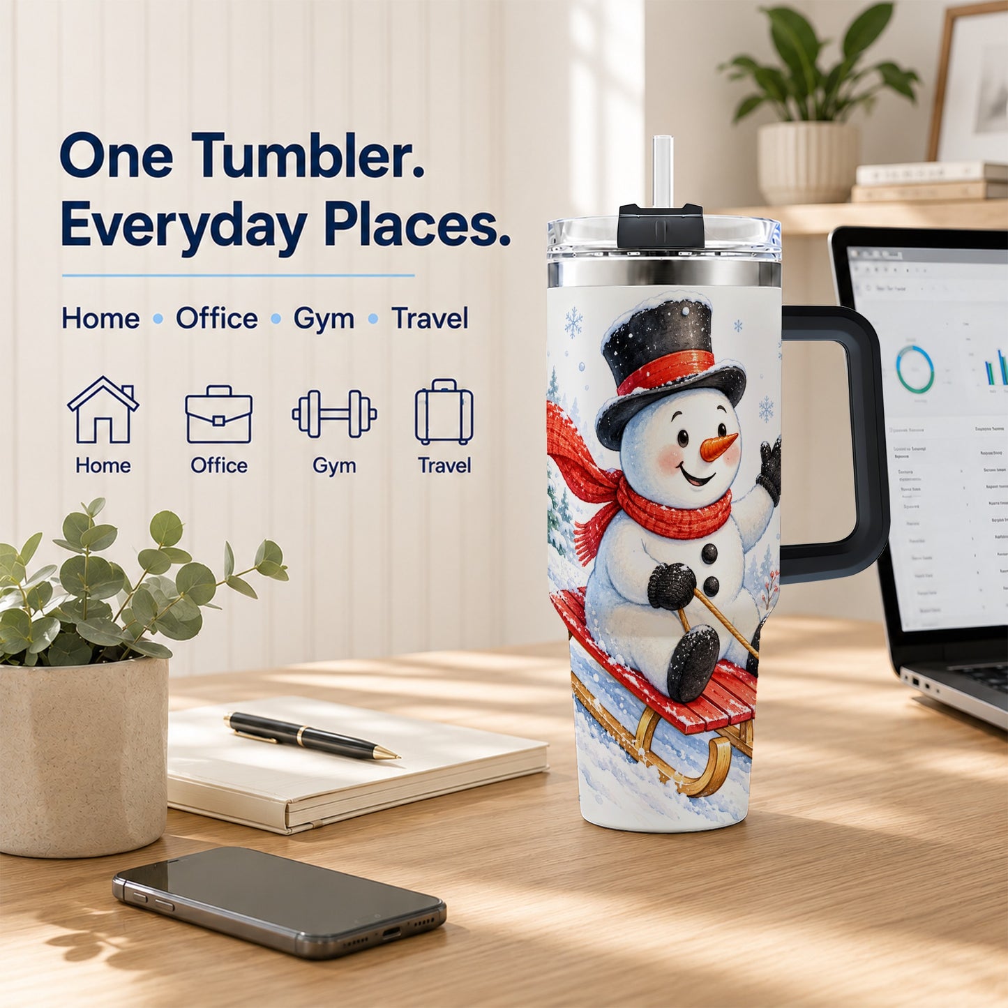 #pl[40oz|Black] Snowman 40oz Tumbler with Handle, Sledding Winter Travel Cup