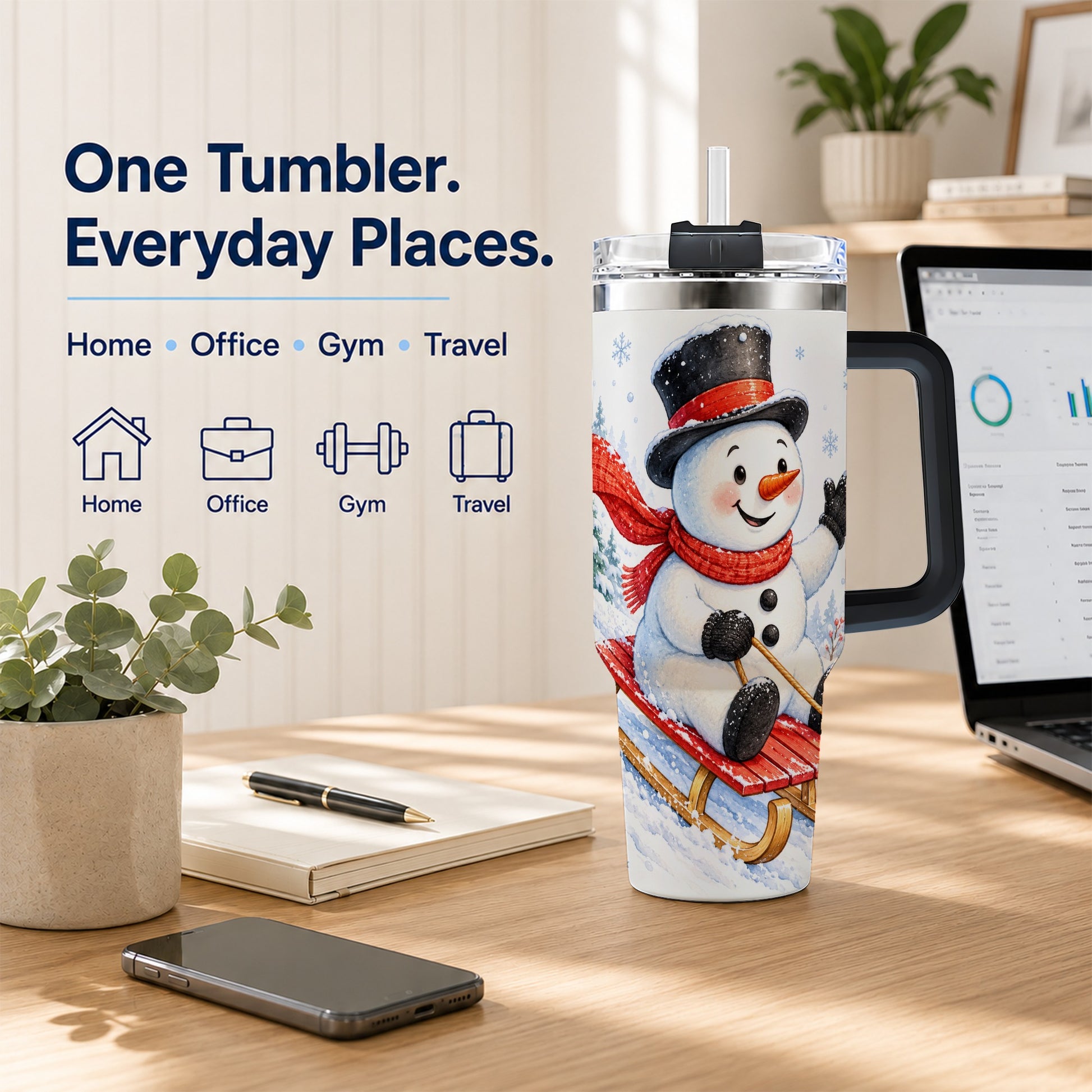 #pl[40oz|Black] Snowman 40oz Tumbler with Handle, Sledding Winter Travel Cup