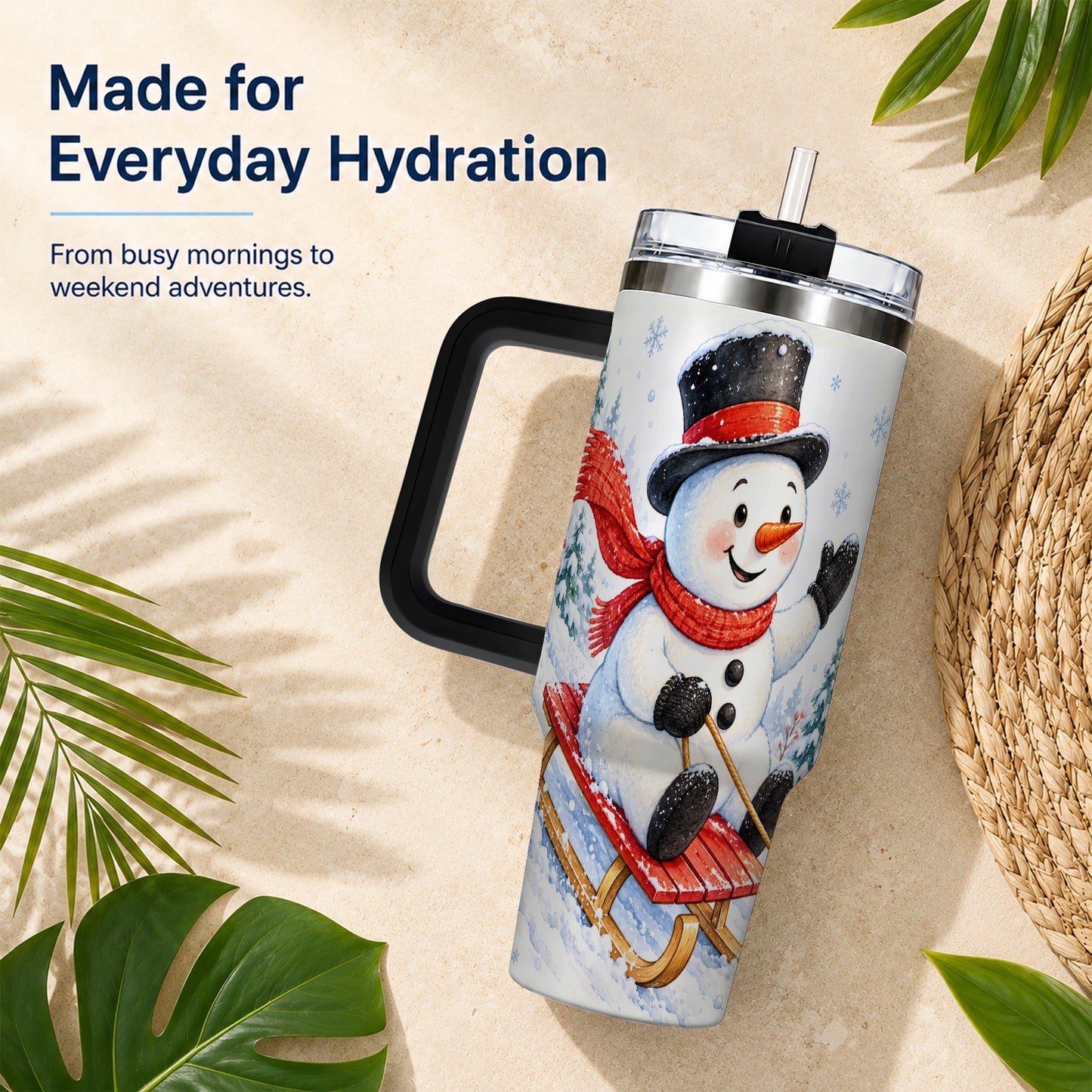 #pl[40oz|Black] Snowman 40oz Tumbler with Handle, Sledding Winter Travel Cup