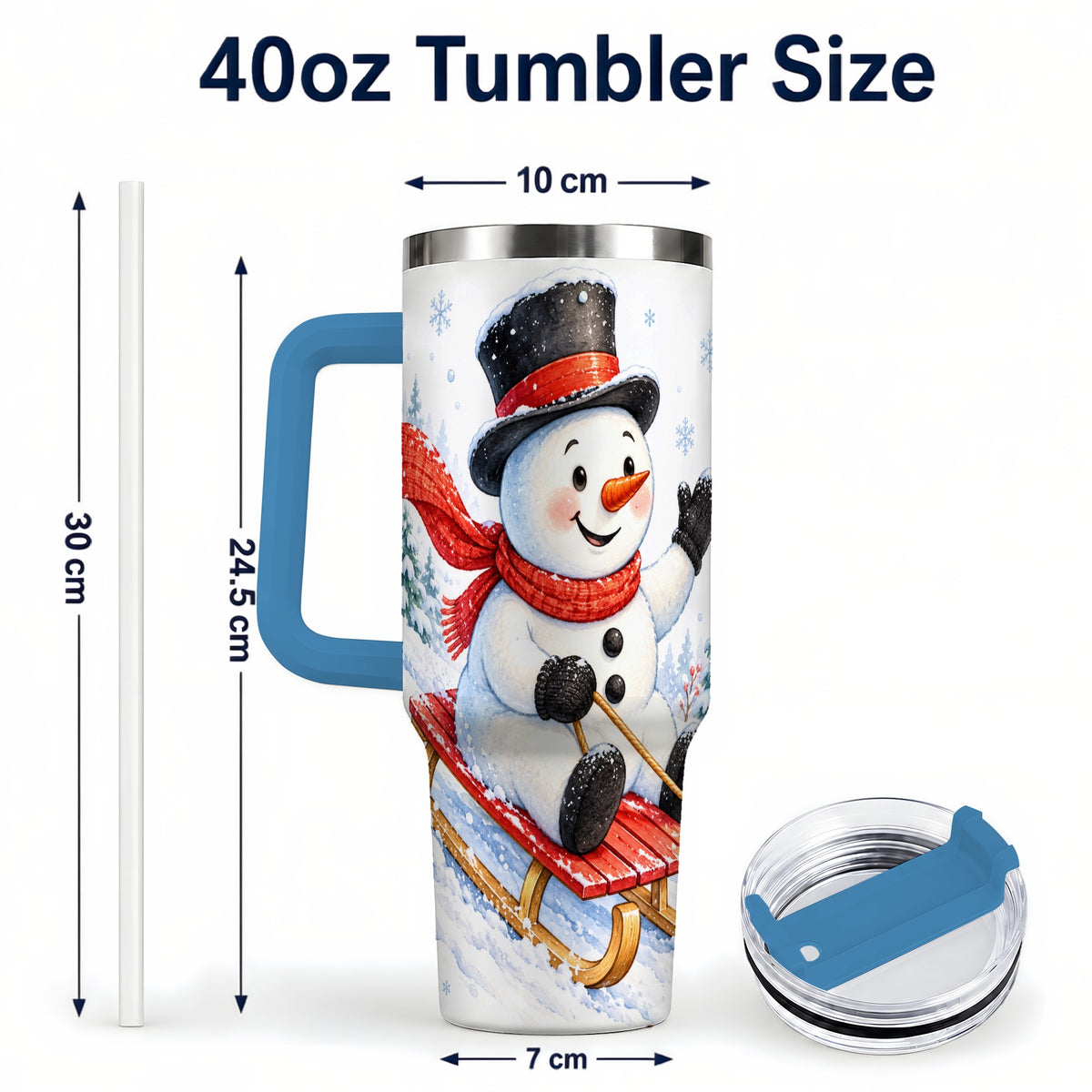 #pl[40oz|Blue] Snowman 40oz Tumbler with Handle, Sledding Winter Travel Cup