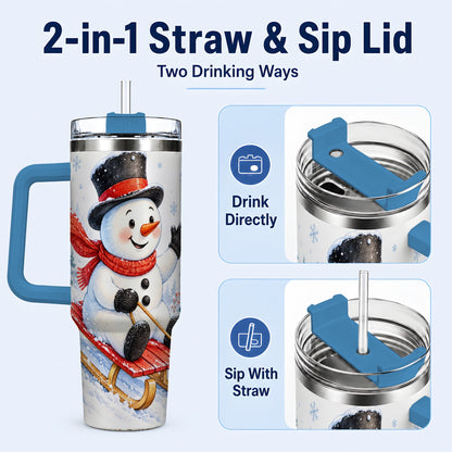 #pl[40oz|Blue] Snowman 40oz Tumbler with Handle, Sledding Winter Travel Cup