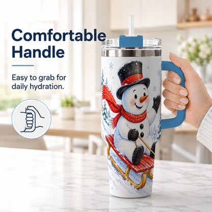 #pl[40oz|Blue] Snowman 40oz Tumbler with Handle, Sledding Winter Travel Cup