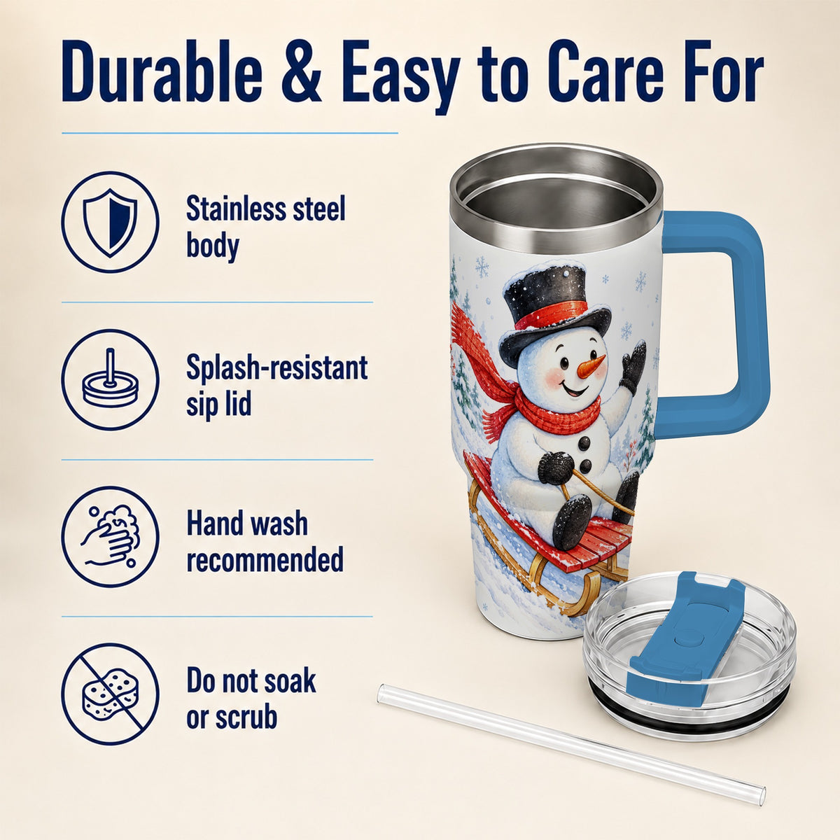 #pl[40oz|Blue] Snowman 40oz Tumbler with Handle, Sledding Winter Travel Cup
