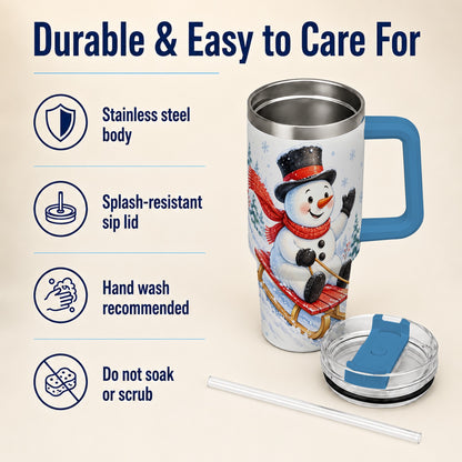 #pl[40oz|Blue] Snowman 40oz Tumbler with Handle, Sledding Winter Travel Cup