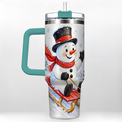 #pl[40oz|Green] Snowman 40oz Tumbler with Handle, Sledding Winter Travel Cup