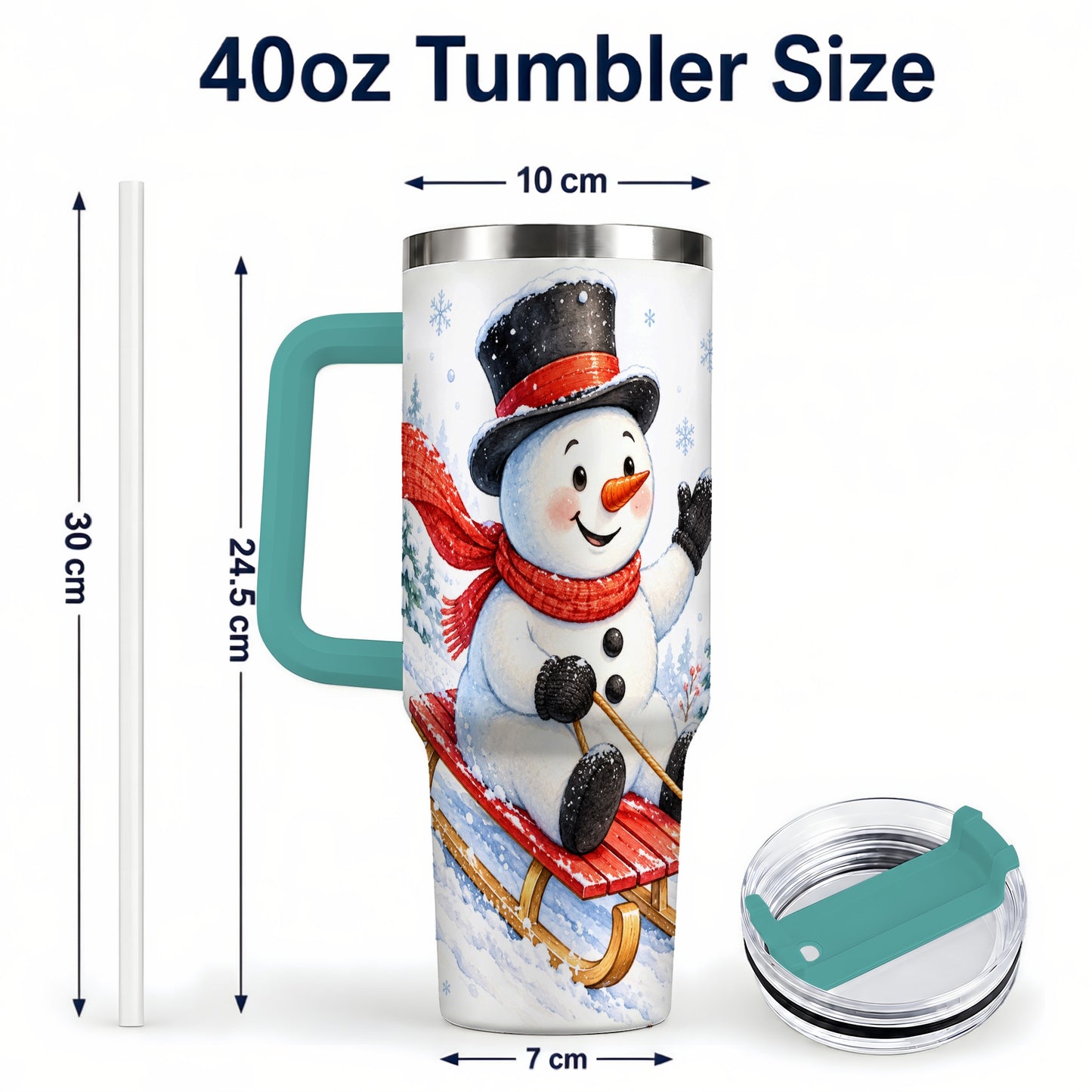 #pl[40oz|Green] Snowman 40oz Tumbler with Handle, Sledding Winter Travel Cup