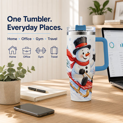 #pl[40oz|Blue] Snowman 40oz Tumbler with Handle, Sledding Winter Travel Cup