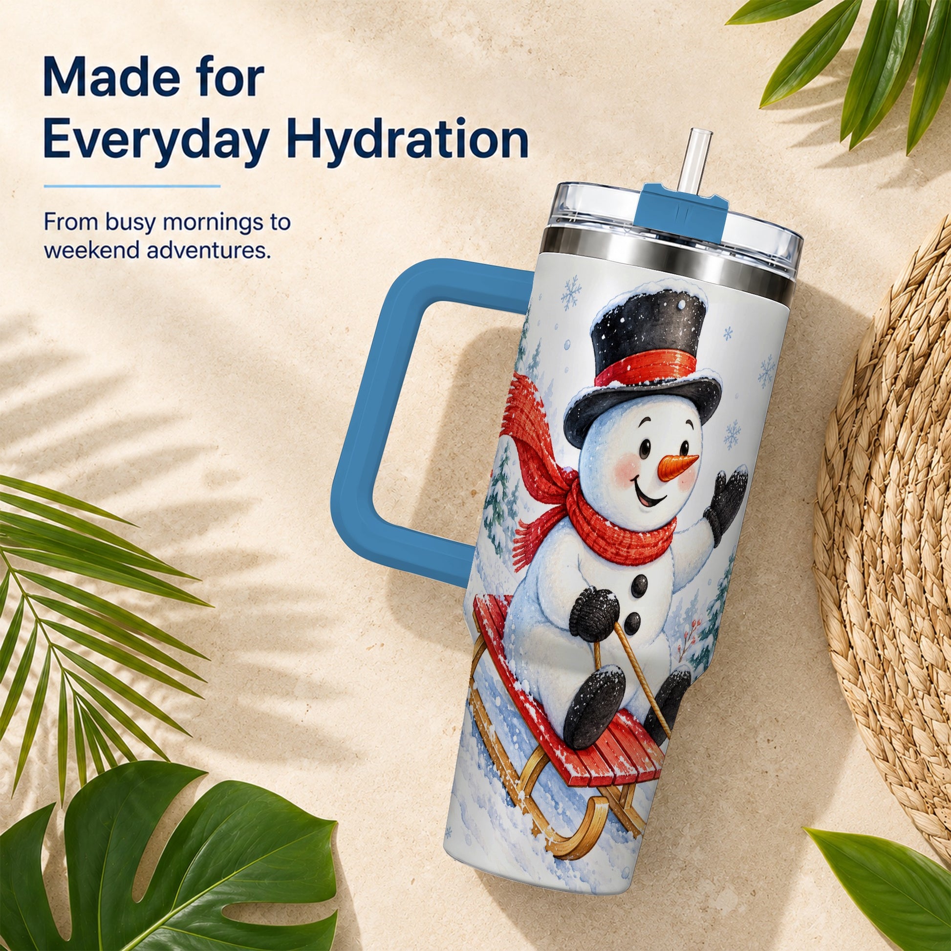 #pl[40oz|Blue] Snowman 40oz Tumbler with Handle, Sledding Winter Travel Cup