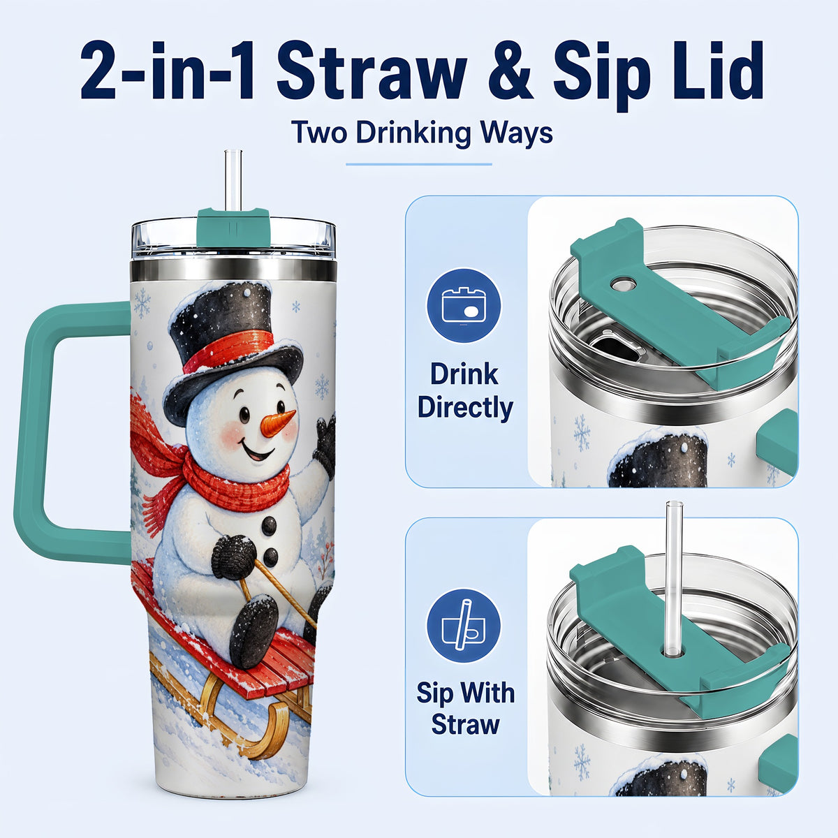 #pl[40oz|Green] Snowman 40oz Tumbler with Handle, Sledding Winter Travel Cup