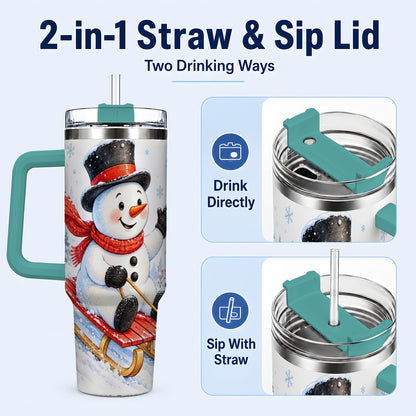 #pl[40oz|Green] Snowman 40oz Tumbler with Handle, Sledding Winter Travel Cup