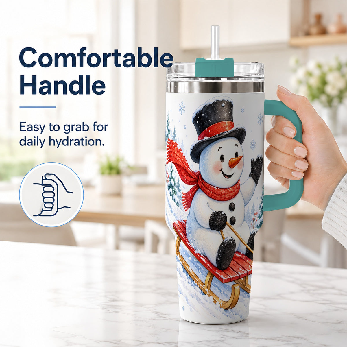#pl[40oz|Green] Snowman 40oz Tumbler with Handle, Sledding Winter Travel Cup