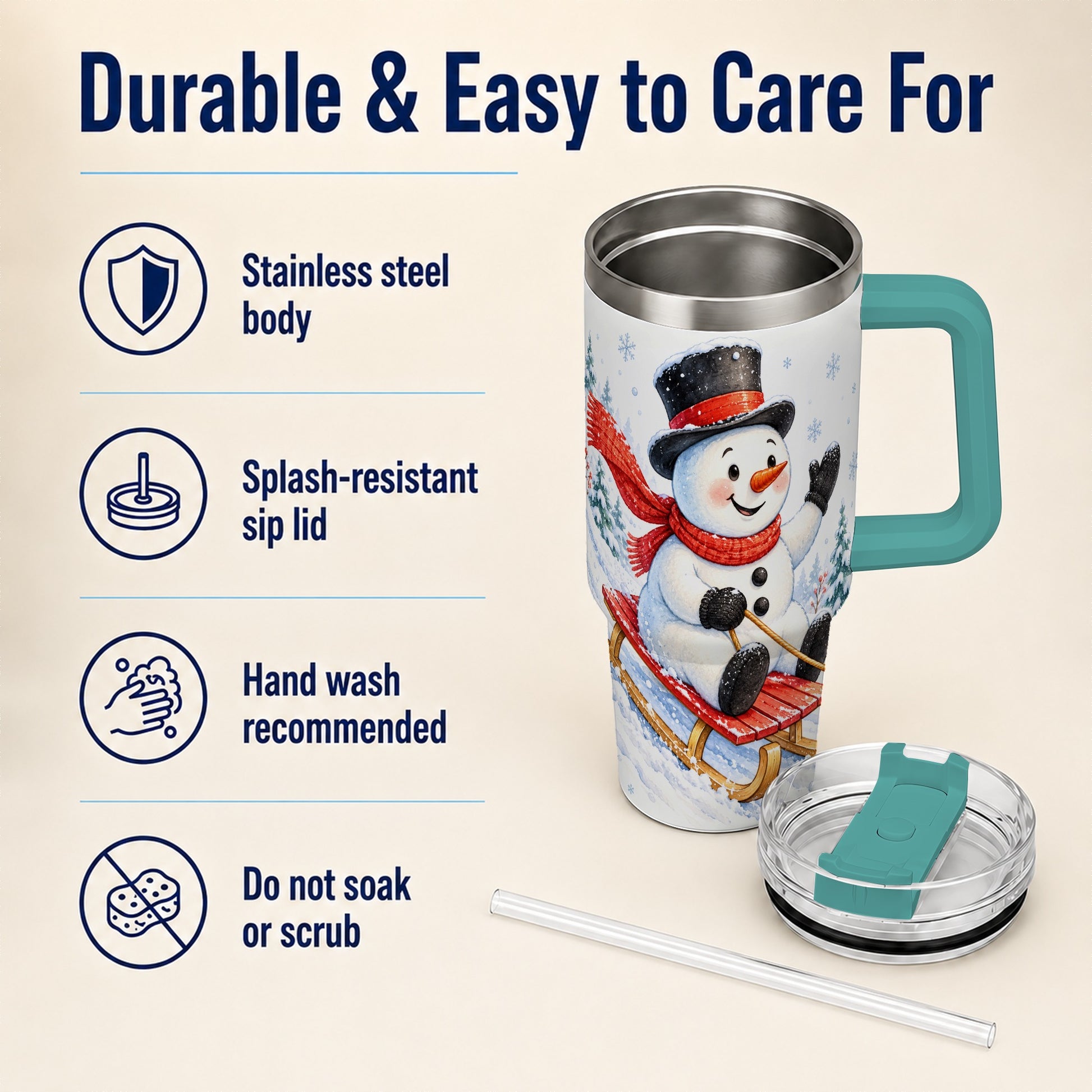 #pl[40oz|Green] Snowman 40oz Tumbler with Handle, Sledding Winter Travel Cup