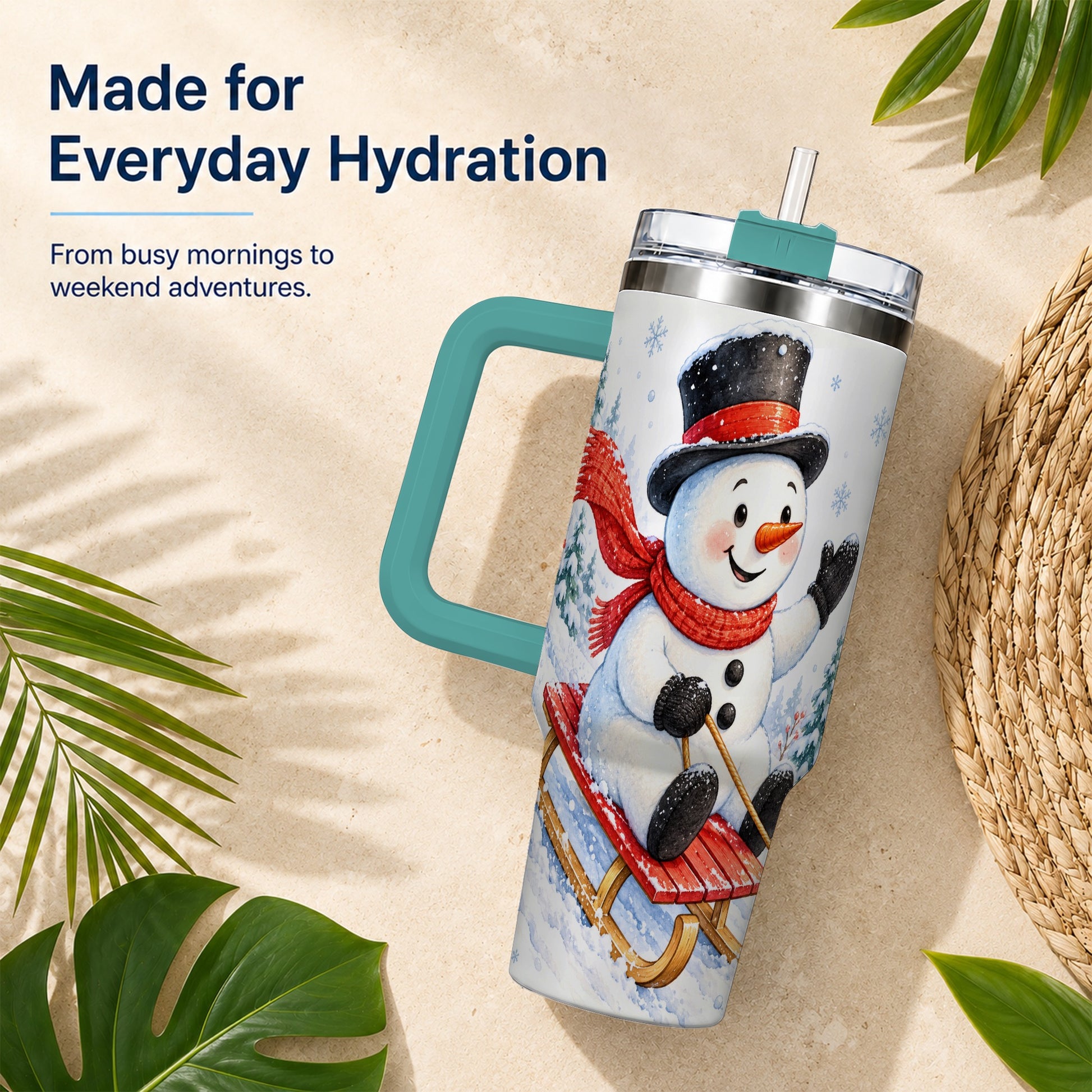 #pl[40oz|Green] Snowman 40oz Tumbler with Handle, Sledding Winter Travel Cup