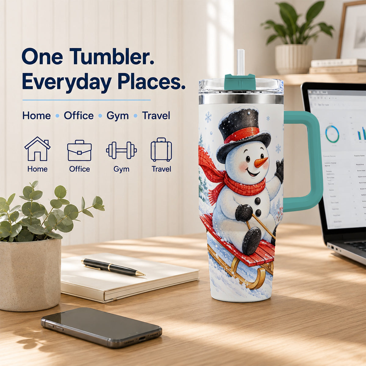 #pl[40oz|Green] Snowman 40oz Tumbler with Handle, Sledding Winter Travel Cup