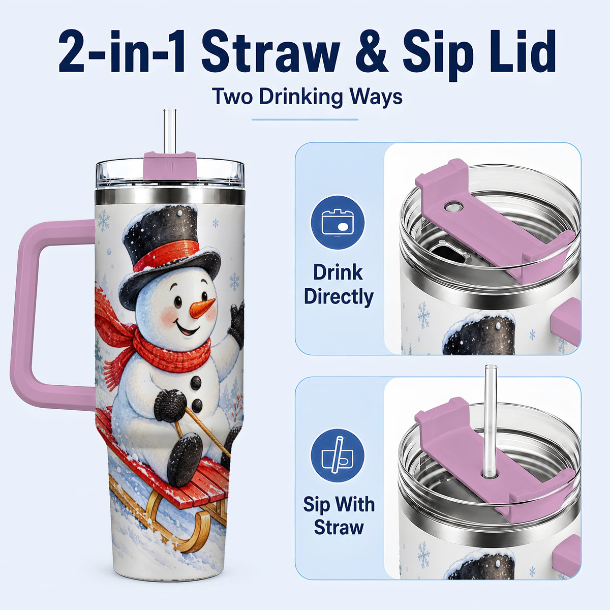 #pl[40oz|Pink] Snowman 40oz Tumbler with Handle, Sledding Winter Travel Cup