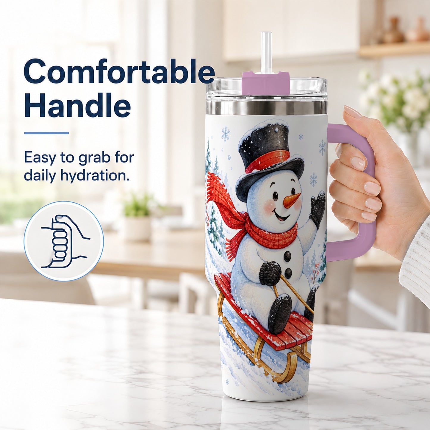 #pl[40oz|Pink] Snowman 40oz Tumbler with Handle, Sledding Winter Travel Cup