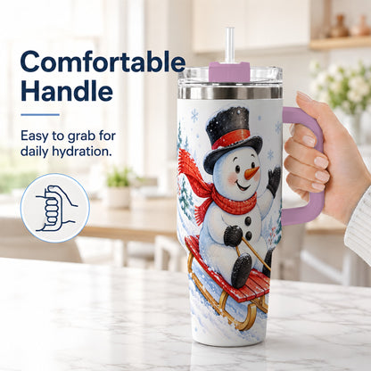 #pl[40oz|Pink] Snowman 40oz Tumbler with Handle, Sledding Winter Travel Cup