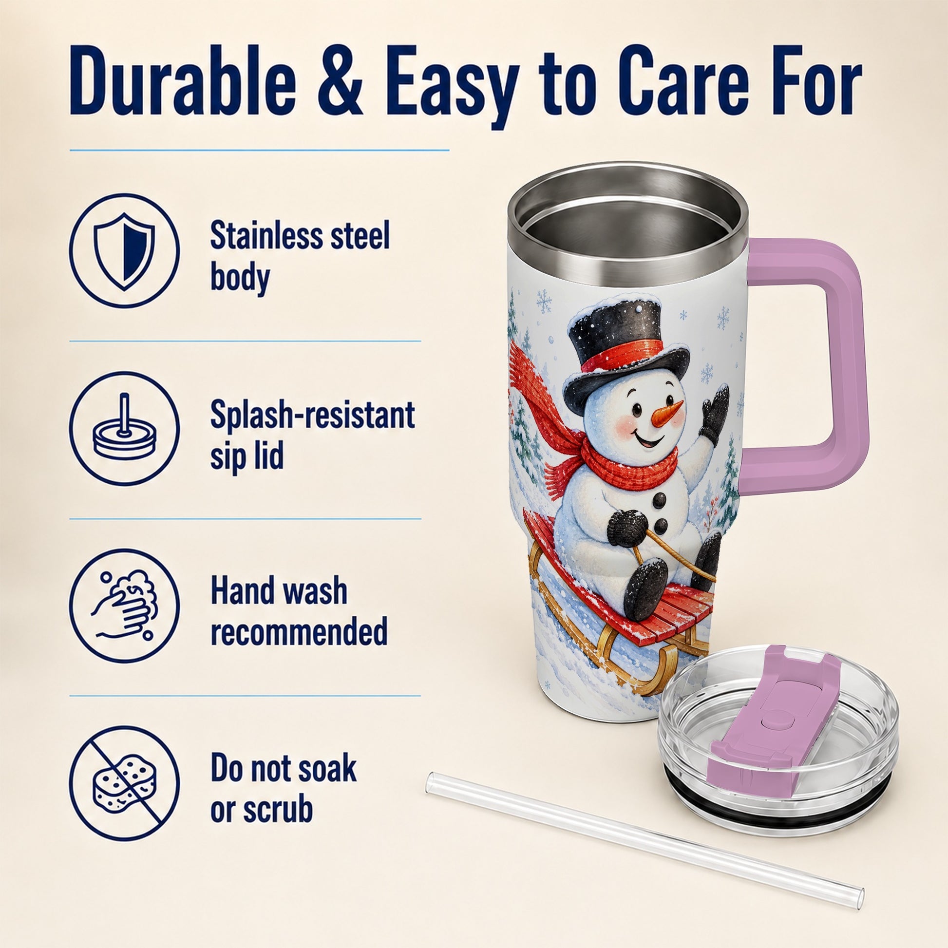 #pl[40oz|Pink] Snowman 40oz Tumbler with Handle, Sledding Winter Travel Cup