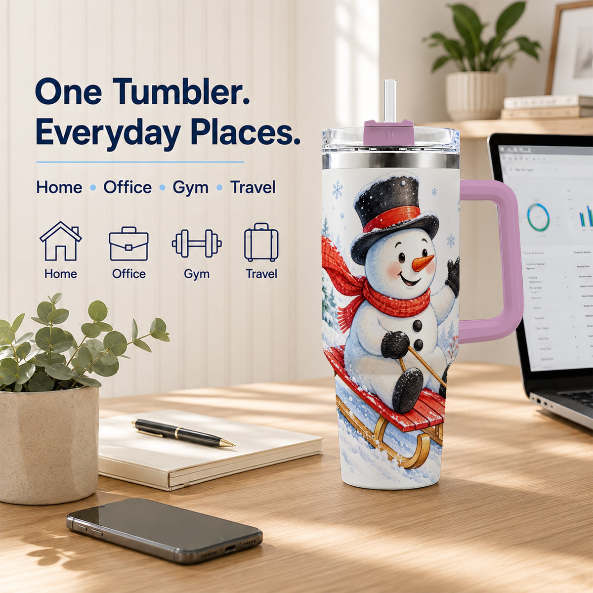#pl[40oz|Pink] Snowman 40oz Tumbler with Handle, Sledding Winter Travel Cup