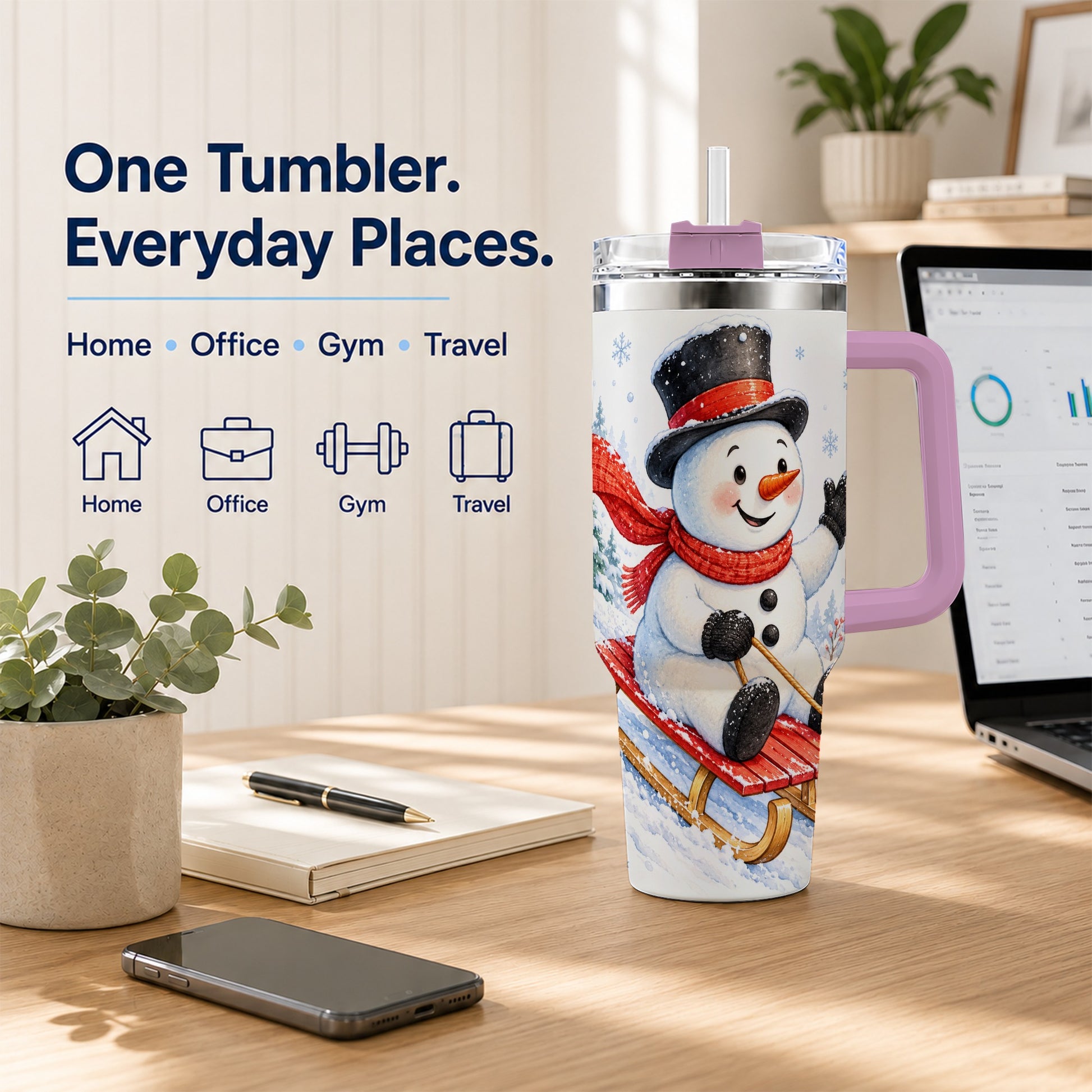 #pl[40oz|Pink] Snowman 40oz Tumbler with Handle, Sledding Winter Travel Cup