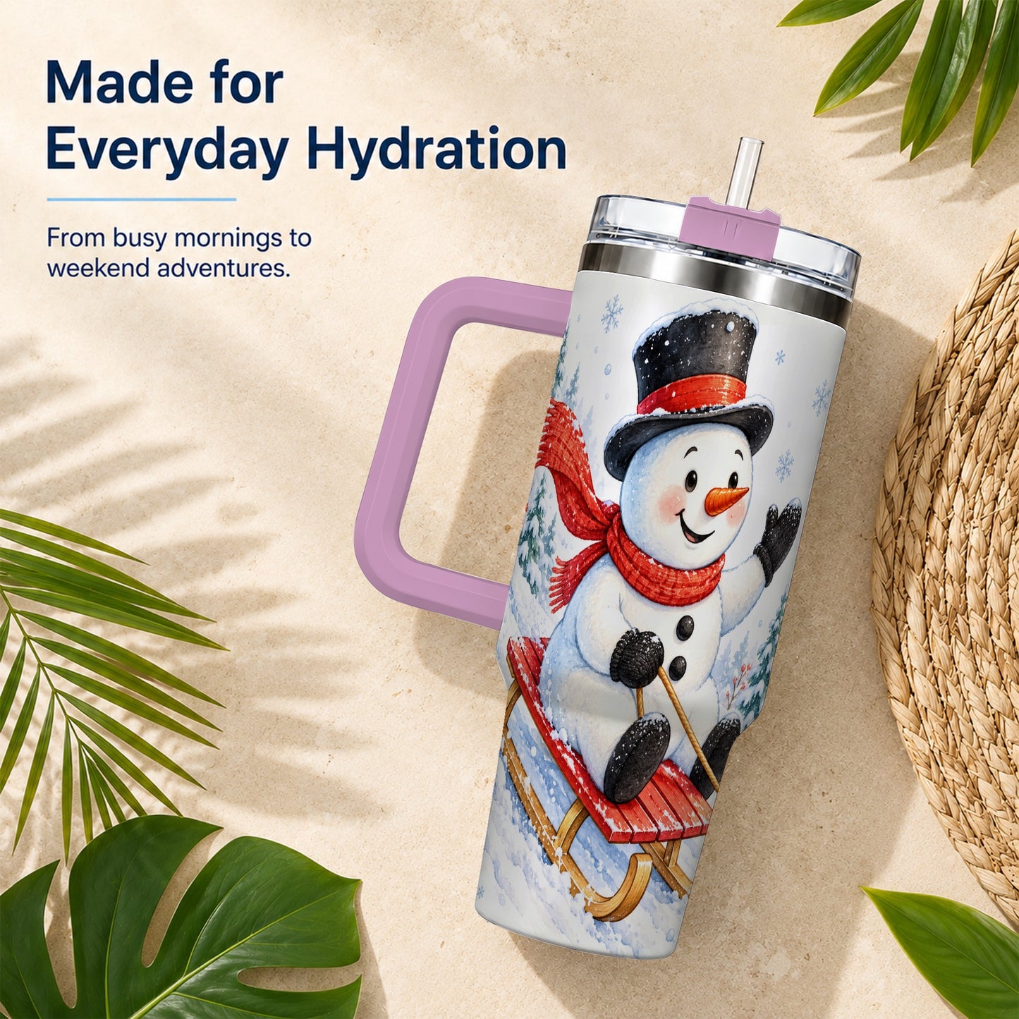 #pl[40oz|Pink] Snowman 40oz Tumbler with Handle, Sledding Winter Travel Cup