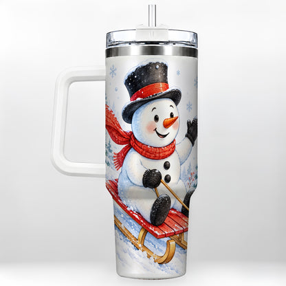 Snowman 40oz Tumbler with Handle, Sledding Winter Travel Cup