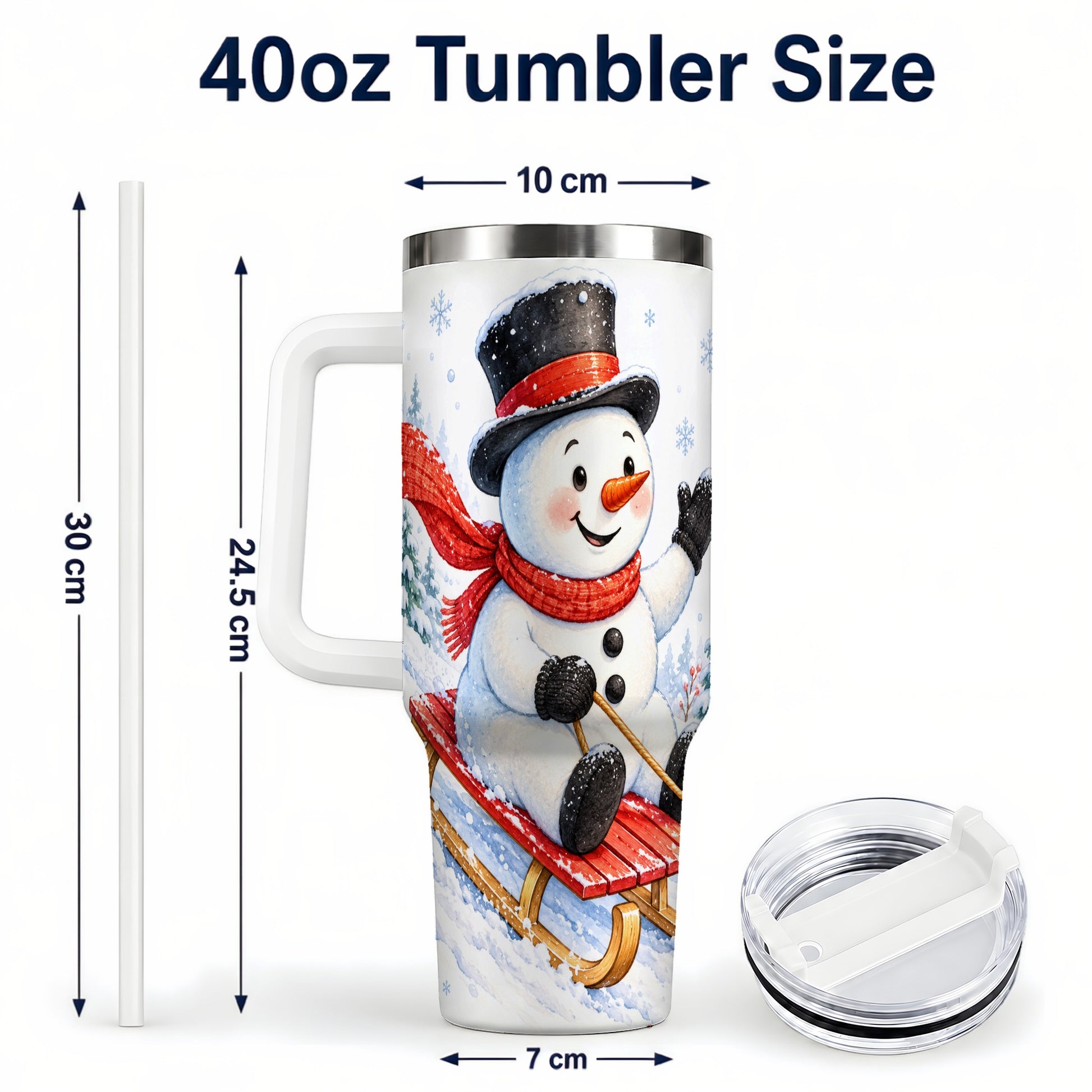#pl[40oz|White] Snowman 40oz Tumbler with Handle, Sledding Winter Travel Cup