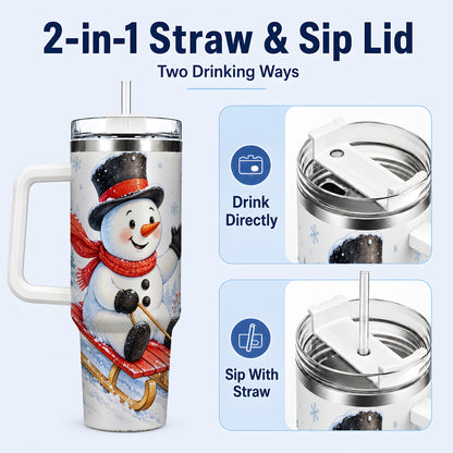 #pl[40oz|White] Snowman 40oz Tumbler with Handle, Sledding Winter Travel Cup