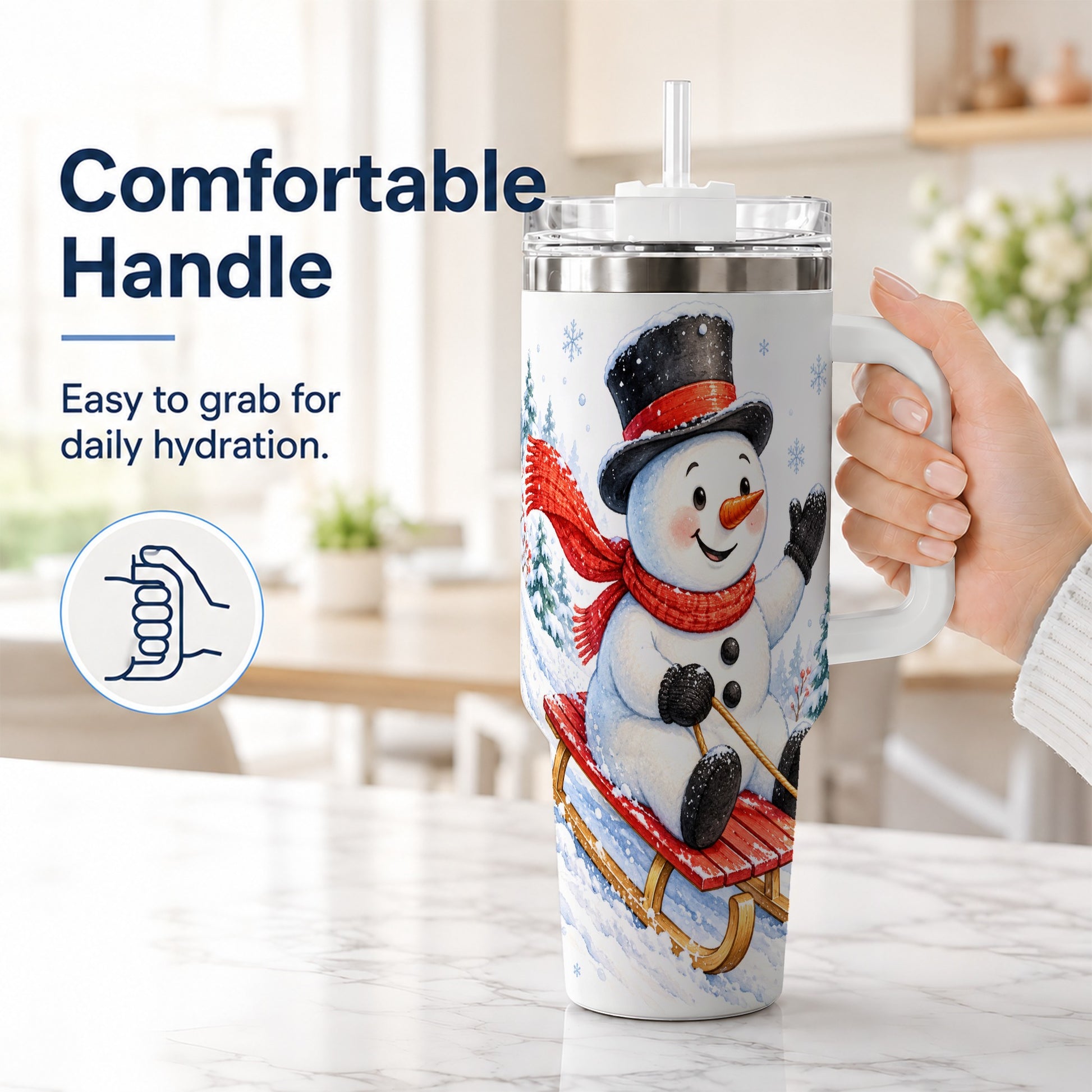 #pl[40oz|White] Snowman 40oz Tumbler with Handle, Sledding Winter Travel Cup