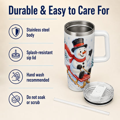 #pl[40oz|White] Snowman 40oz Tumbler with Handle, Sledding Winter Travel Cup