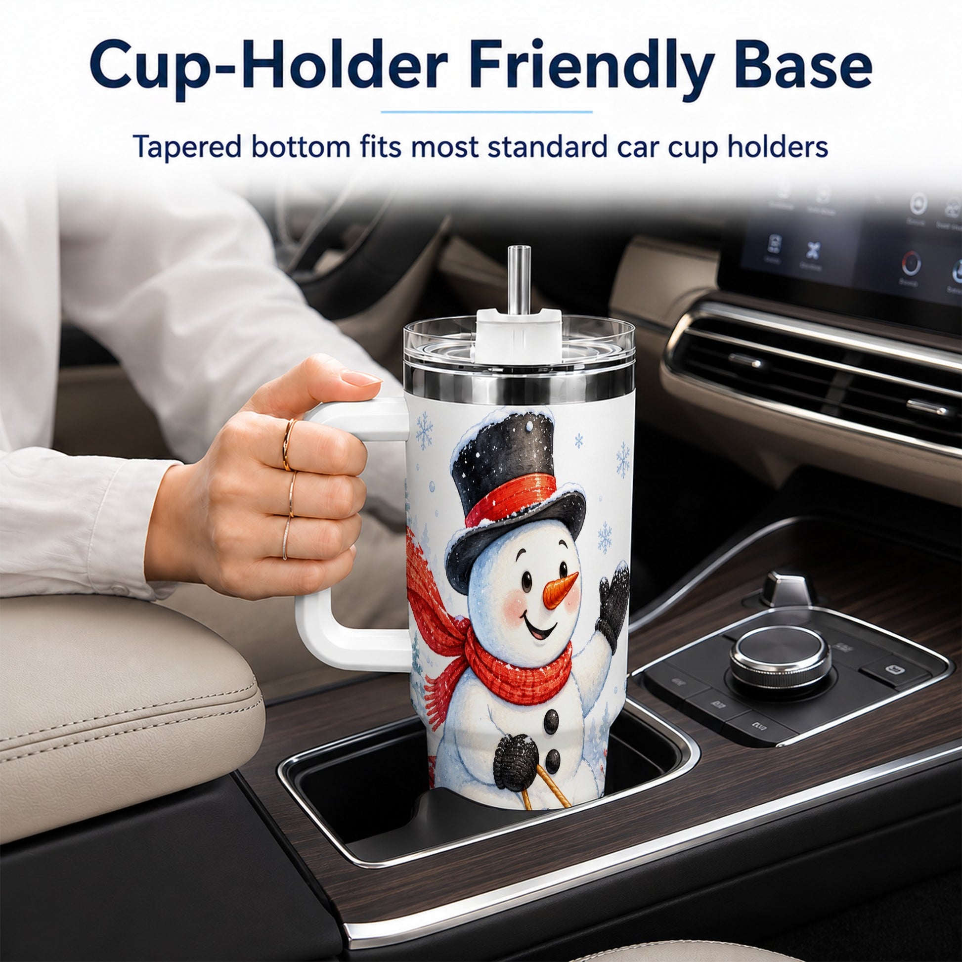#pl[40oz|White] Snowman 40oz Tumbler with Handle, Sledding Winter Travel Cup
