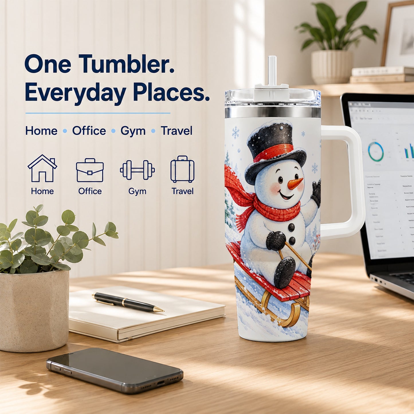 #pl[40oz|White] Snowman 40oz Tumbler with Handle, Sledding Winter Travel Cup