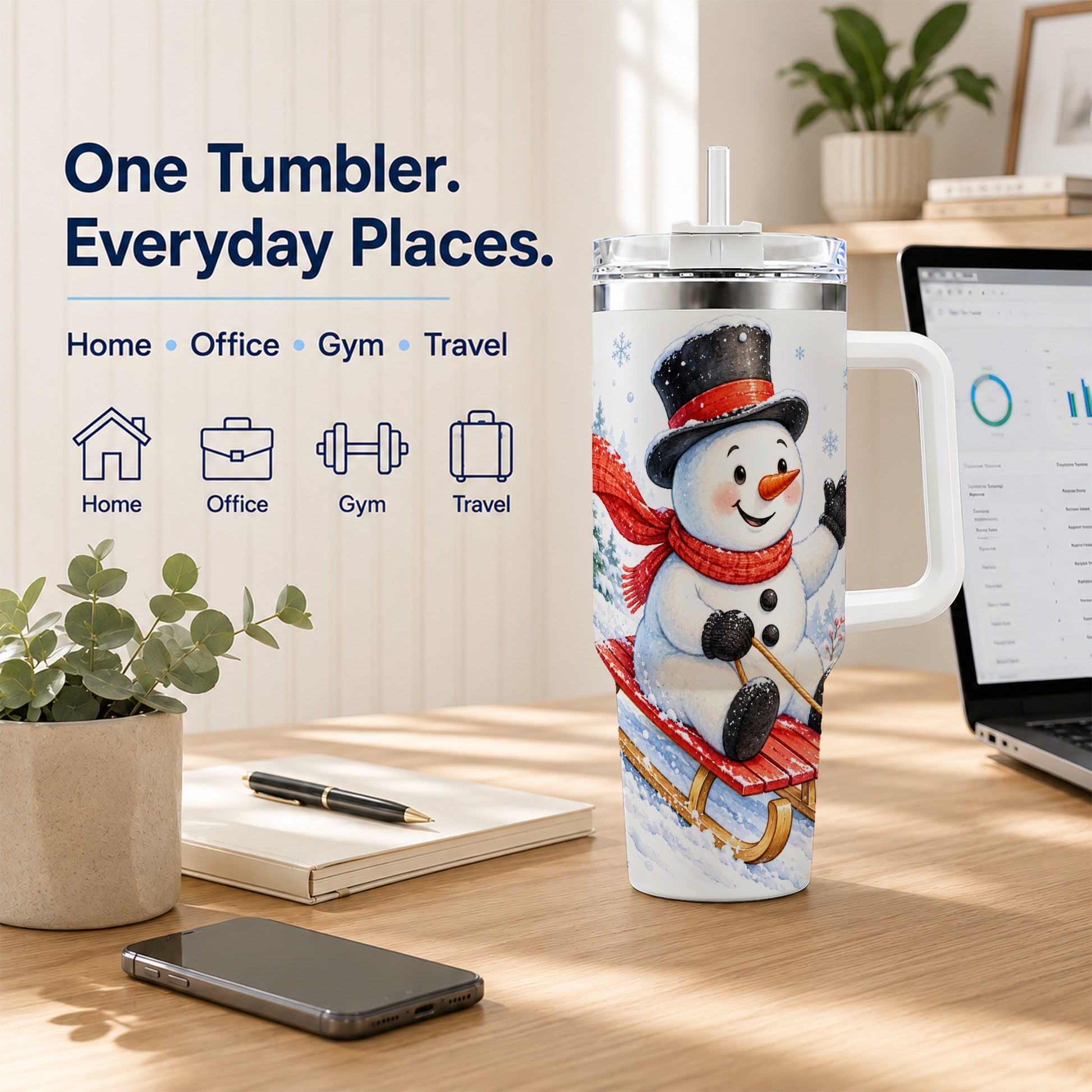 #pl[40oz|White] Snowman 40oz Tumbler with Handle, Sledding Winter Travel Cup