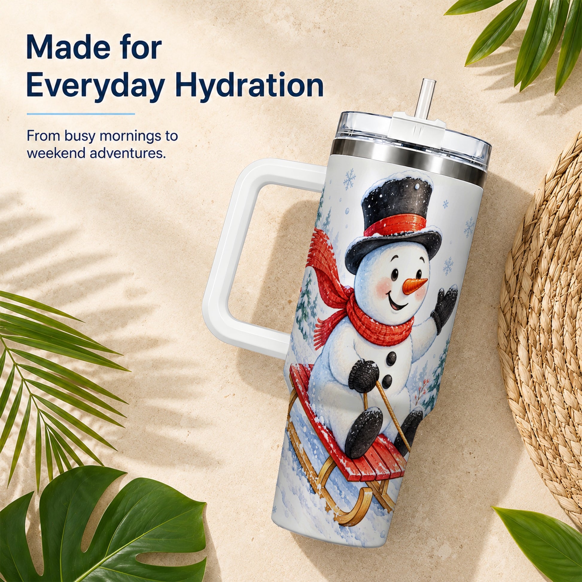 #pl[40oz|White] Snowman 40oz Tumbler with Handle, Sledding Winter Travel Cup
