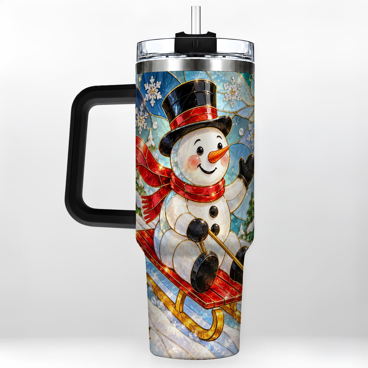 #pl[40oz|Black] Snowman 40oz Tumbler with Handle, Winter Sledding Travel Cup