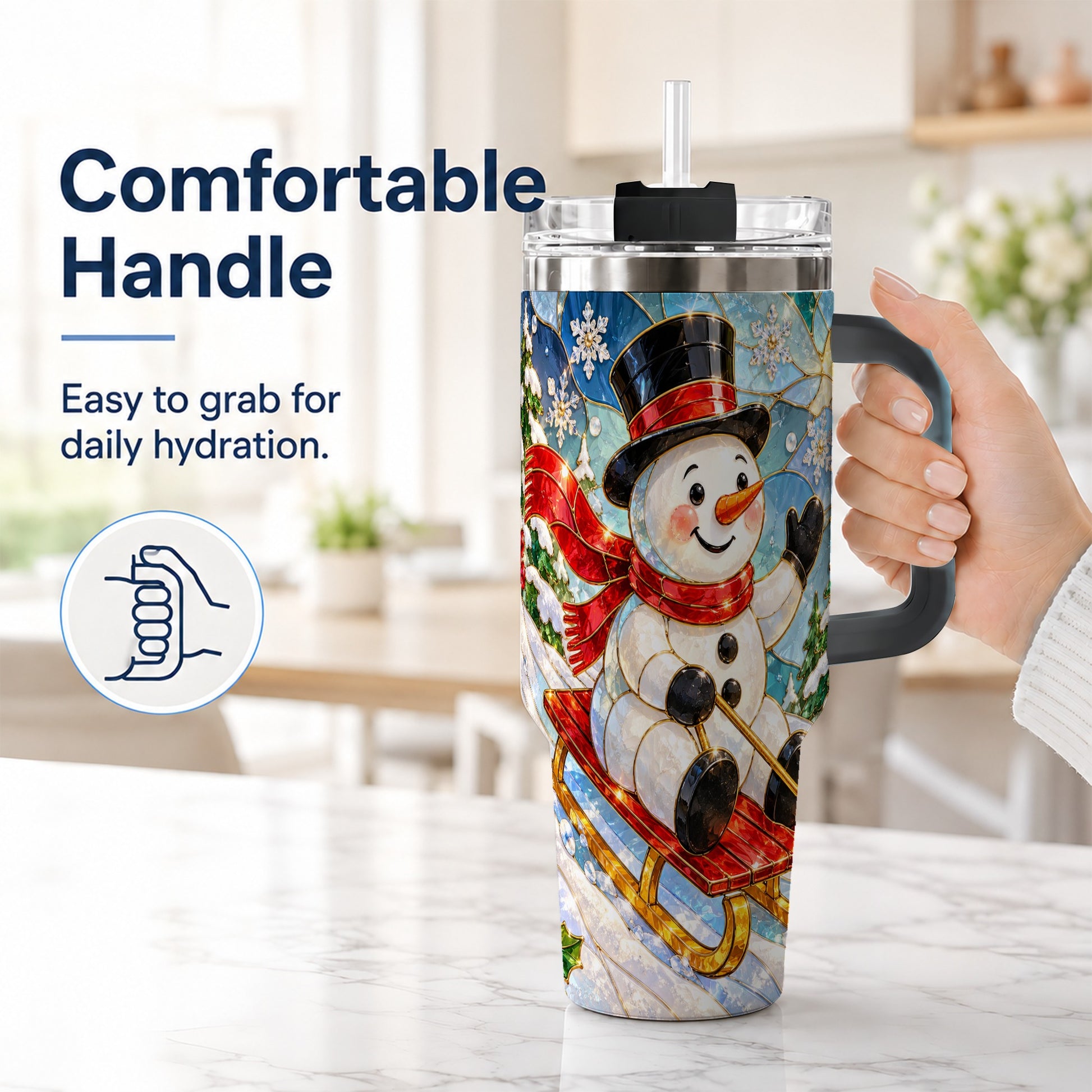 #pl[40oz|Black] Snowman 40oz Tumbler with Handle, Winter Sledding Travel Cup