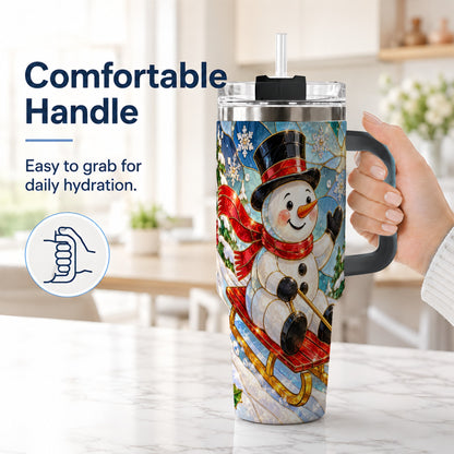 #pl[40oz|Black] Snowman 40oz Tumbler with Handle, Winter Sledding Travel Cup