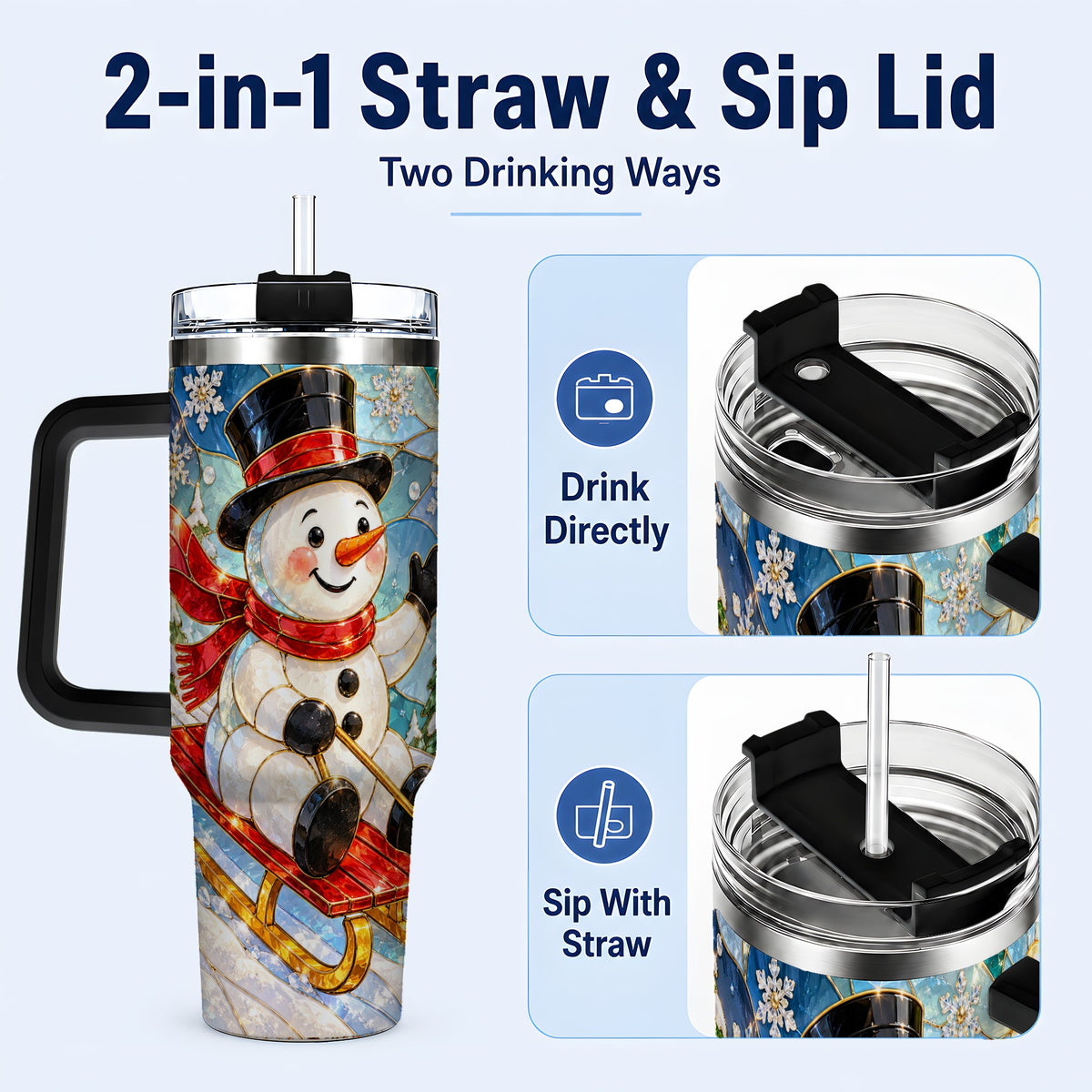 #pl[40oz|Black] Snowman 40oz Tumbler with Handle, Winter Sledding Travel Cup