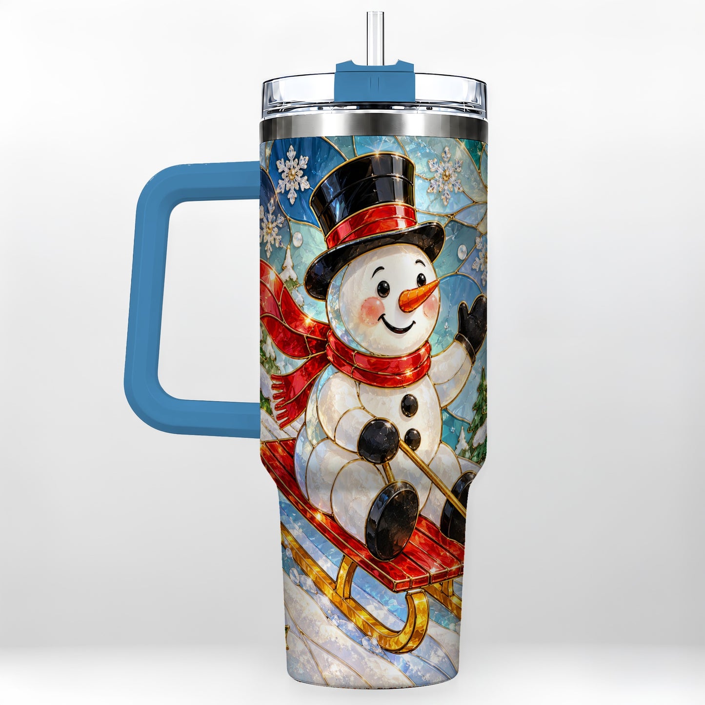 #pl[40oz|Blue] Snowman 40oz Tumbler with Handle, Winter Sledding Travel Cup