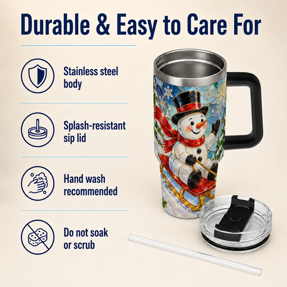 #pl[40oz|Black] Snowman 40oz Tumbler with Handle, Winter Sledding Travel Cup