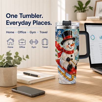 #pl[40oz|Black] Snowman 40oz Tumbler with Handle, Winter Sledding Travel Cup