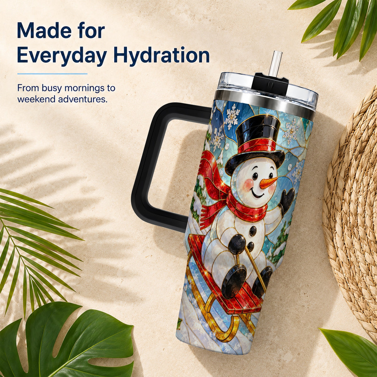 #pl[40oz|Black] Snowman 40oz Tumbler with Handle, Winter Sledding Travel Cup