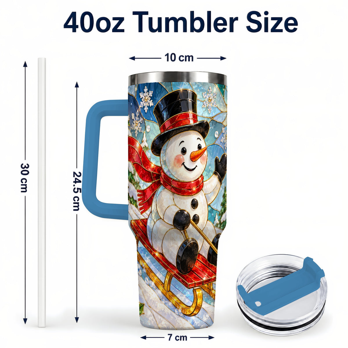 #pl[40oz|Blue] Snowman 40oz Tumbler with Handle, Winter Sledding Travel Cup