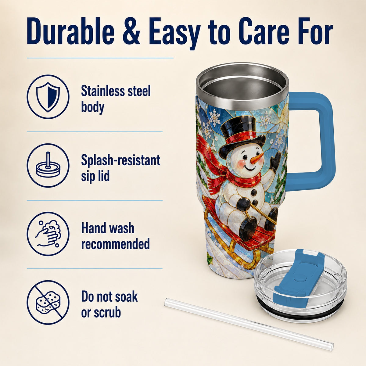 #pl[40oz|Blue] Snowman 40oz Tumbler with Handle, Winter Sledding Travel Cup