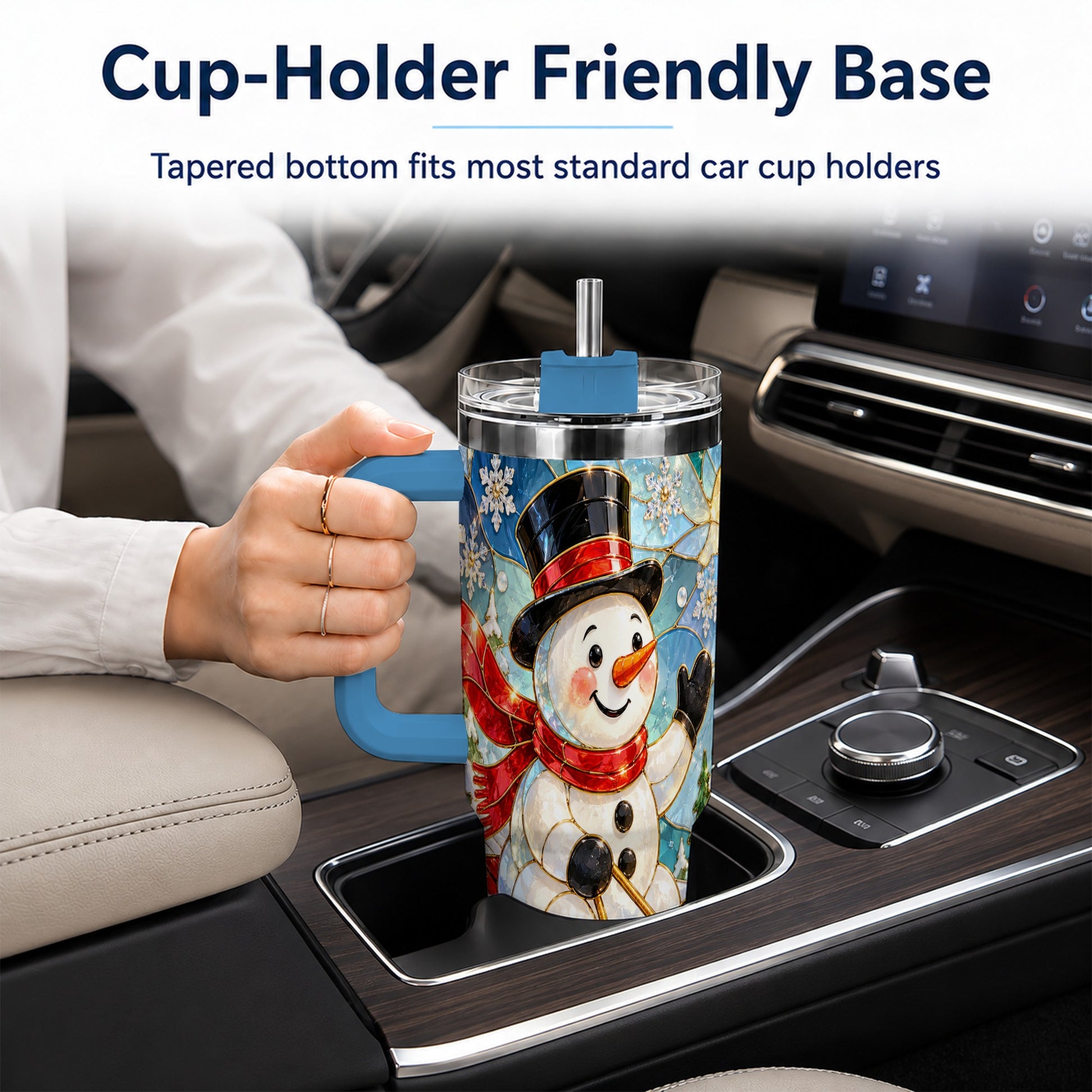 #pl[40oz|Blue] Snowman 40oz Tumbler with Handle, Winter Sledding Travel Cup