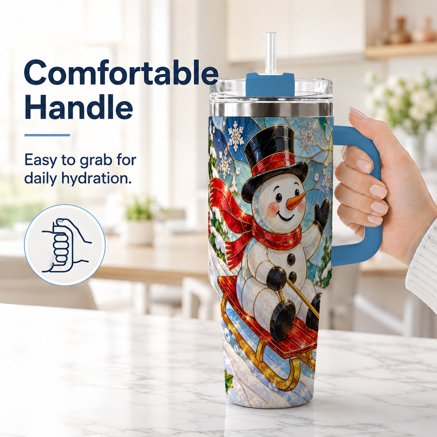 #pl[40oz|Blue] Snowman 40oz Tumbler with Handle, Winter Sledding Travel Cup