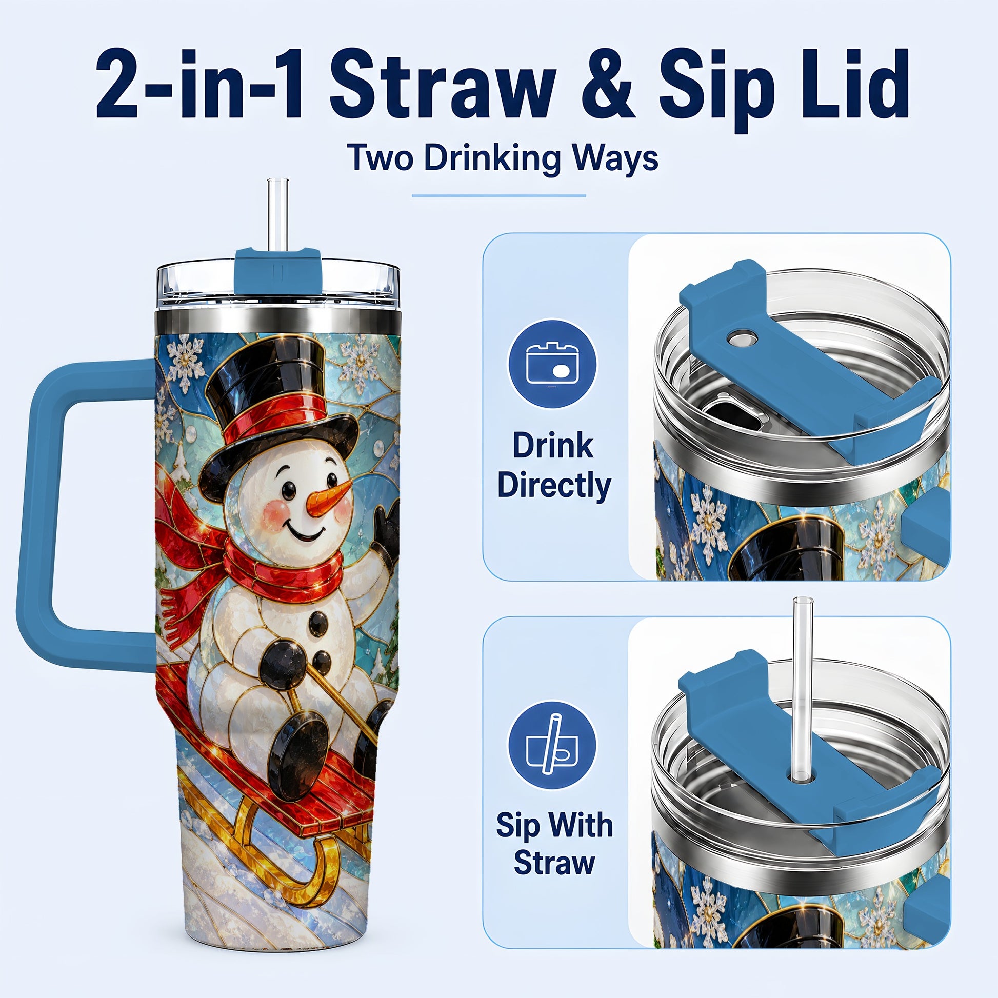 #pl[40oz|Blue] Snowman 40oz Tumbler with Handle, Winter Sledding Travel Cup