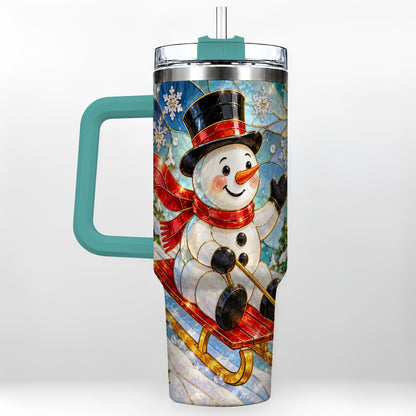 #pl[40oz|Green] Snowman 40oz Tumbler with Handle, Winter Sledding Travel Cup