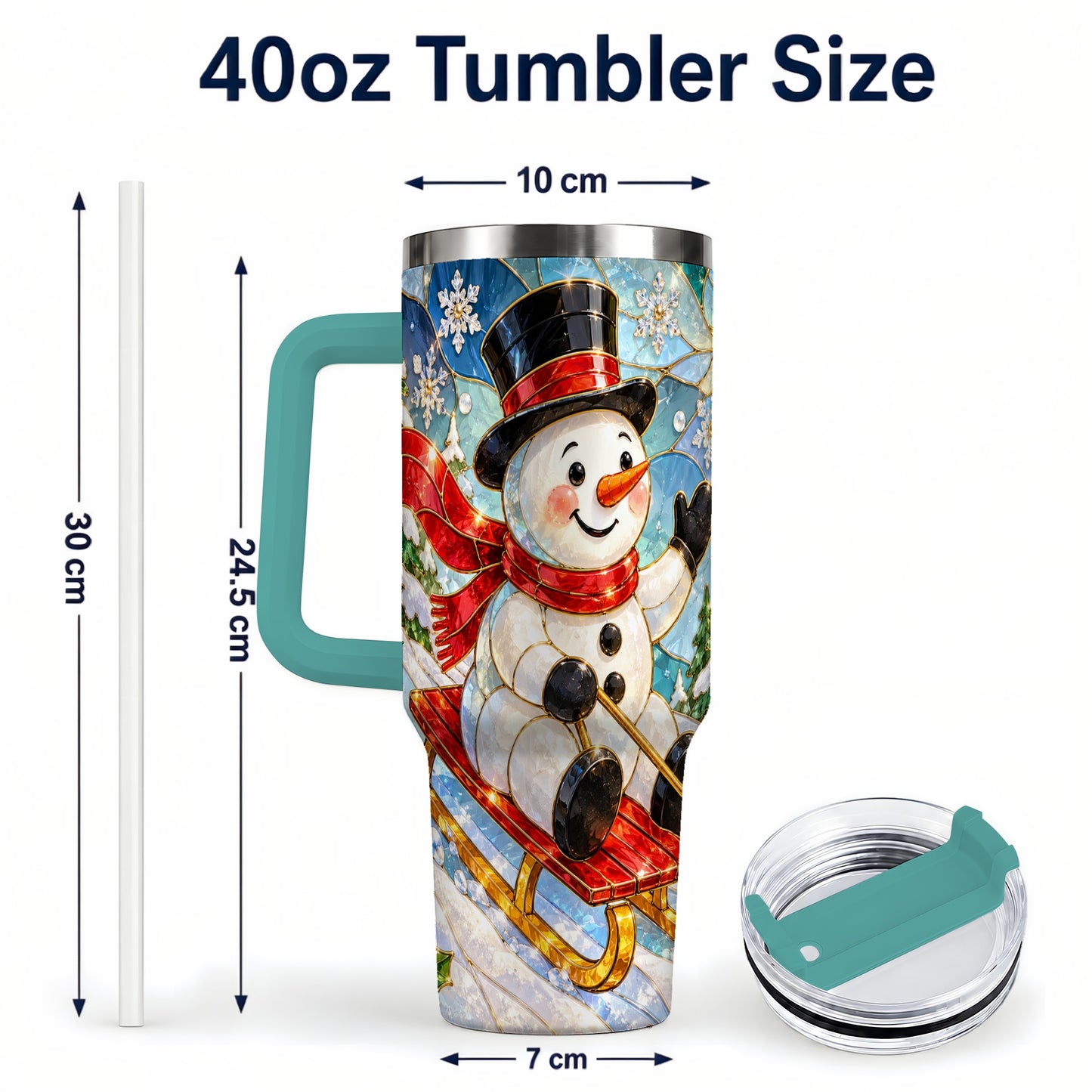 #pl[40oz|Green] Snowman 40oz Tumbler with Handle, Winter Sledding Travel Cup