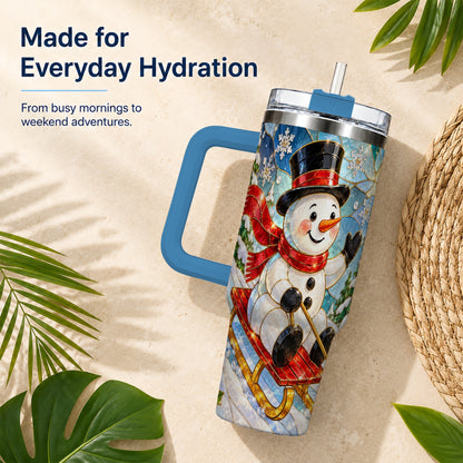 #pl[40oz|Blue] Snowman 40oz Tumbler with Handle, Winter Sledding Travel Cup